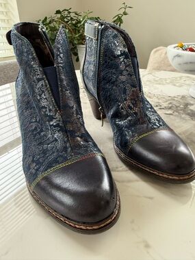 Floral Embossed Navy Ankle Booties with Dark Toe